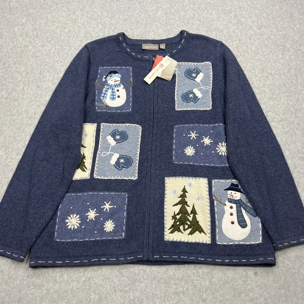 Croft & Barrow Snowman Cardigan Women's 1X Blue Full Zip Knit Winter Patchwork